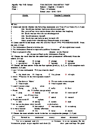 Đề kiểm tra học kỳ II môn Tiếng Anh Lớp 8 - Mã đề 246 - Năm học 2018-2019 - Trường THCS Nguyễn Văn Trỗi